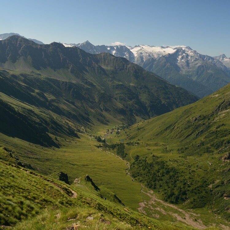 Die Case di Viso, gesehen vom Saumpfad, der zur Rif. Bozzi führt